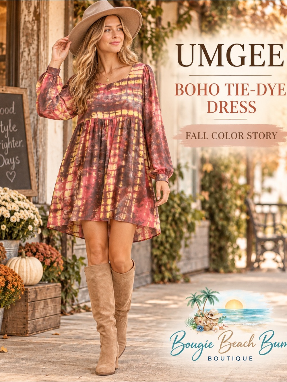 Umgee Boho Tie-Dye Fall Dress in Rust & Gold